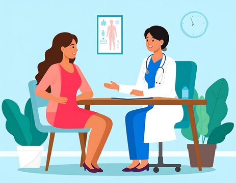 A female patient sits across from a doctor in a consultation room with a poster and clock on the wall