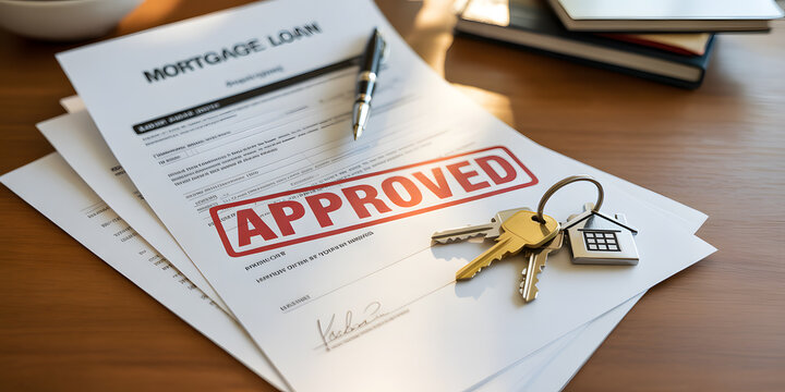 Mortgage loan application form with red approved stamp and house keys on wooden office desk.