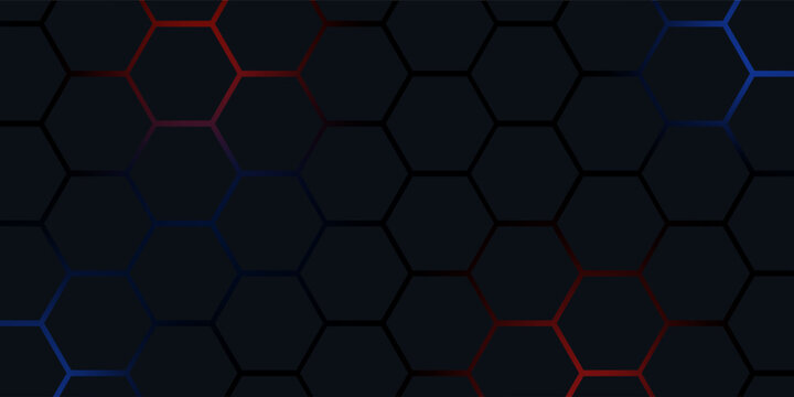 Dark hexagon abstract technology background with blue and red colored bright flashes under hexagon. Hexagonal gaming vector abstract high technology banner.