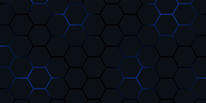 Dark hexagon abstract technology background with blue and red colored bright flashes under hexagon. Hexagonal gaming vector abstract high technology banner.