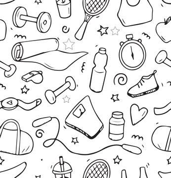 Hand-drawn fitness doodle seamless pattern, black and white gym equipment vector background, sport and workout lifestyle wallpaper