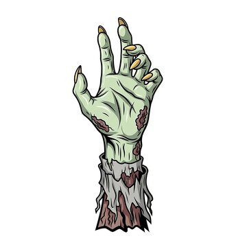 Zombie hand with green nails making a peace sign gesture