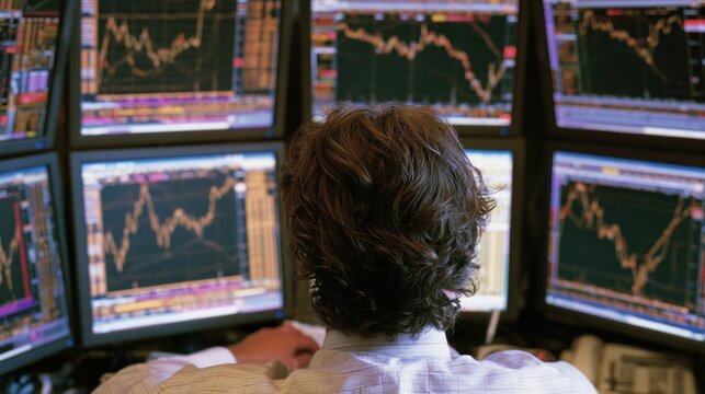 A man in a white shirt is seated in front of a computer monitor displaying a stock market graph.