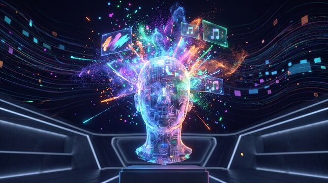 Futuristic Artificial Intelligence Head with Exploding Digital Creativity, Data Visualization and Multimedia Innovation