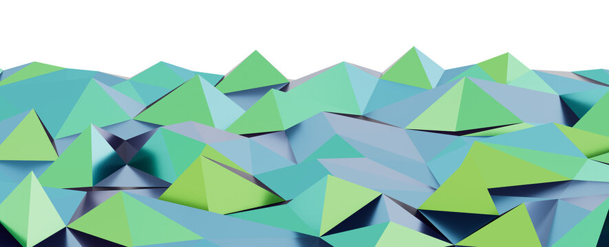Low poly mountain range rendered with vibrant teal and lime green polygons