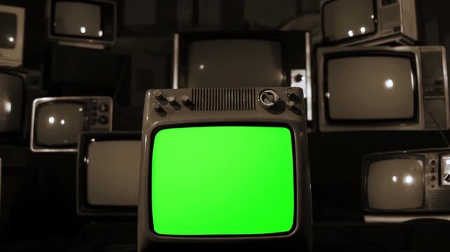 Vintage Television Set in Sepia Tone with Green Chroma Key Screen Being Destroyed - 4K