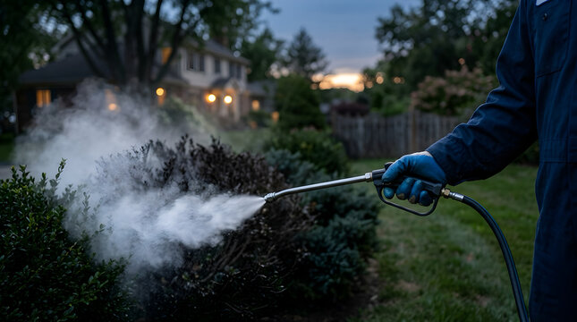 Pest control technician spraying exterior house landscaping for termite and insect prevention with exterminator spraying insecticide prevention landscaping chemical treatment