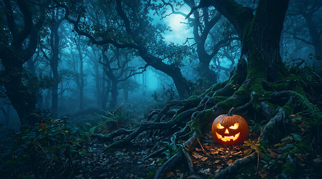 Pixel art jack o lantern in spooky forest design for Halloween. Ai Generated