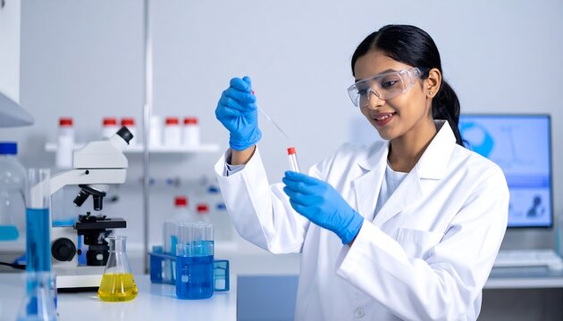 A female scientist in a lab coat and gloves examining a vial