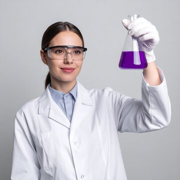 A female scientist in a lab coat holding up a purple liquid in a flask