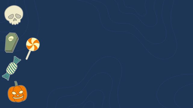 Seamless looping background animation of swaying spooky Halloween side elements like jack o lantern, skull, and coffin with dark blue text copy space area. Flat style concept design