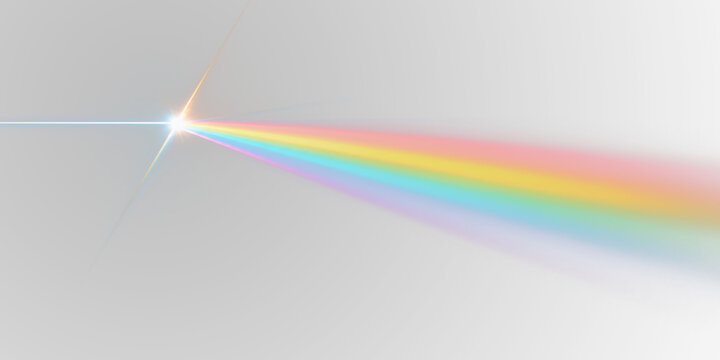 Soft crystal rainbow flare with holographic glow effect. Transparent prism light beams on gradient space. Abstract colorful overlay for digital art.