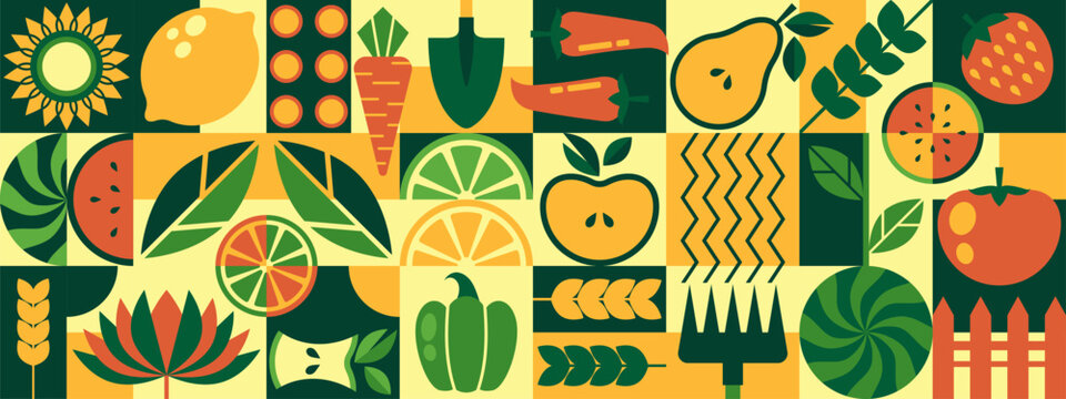 Geometric farm icons with fresh fruit and vegetable illustrations. Abstract summer pattern with apple, citrus, strawberry and pepper. Healthy food banner design with colorful harvest elements.