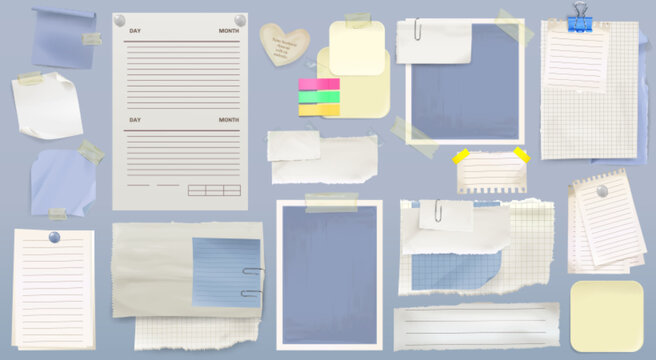 Collage vintage paper elements with decorative tape strips and scrapbook frames for poster designs. Old photo textures, torn edges, sticky notes and retro stickers with y2k aesthetic for albums.