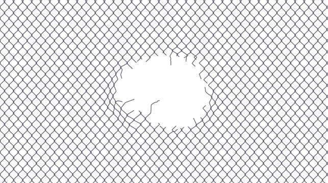 Old broken wire mesh fence with chain links and metal grid pattern. Ripped prison barrier with torn hole, damaged steel texture and rabitz netting design on isolated white vector background.