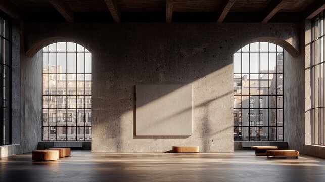 Concrete hall with arched windows and soft light