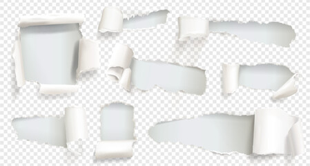 Fototapeta na wymiar Torn paper with realistic rip effect and ragged edge on white background. Vector sheet with hole texture, curl design and broken frame border. Isolated blank page template for graphic mockup.
