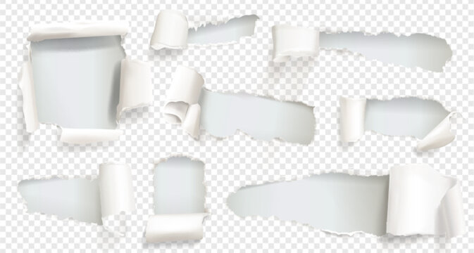 Torn paper with realistic rip effect and ragged edge on white background. Vector sheet with hole texture, curl design and broken frame border. Isolated blank page template for graphic mockup.