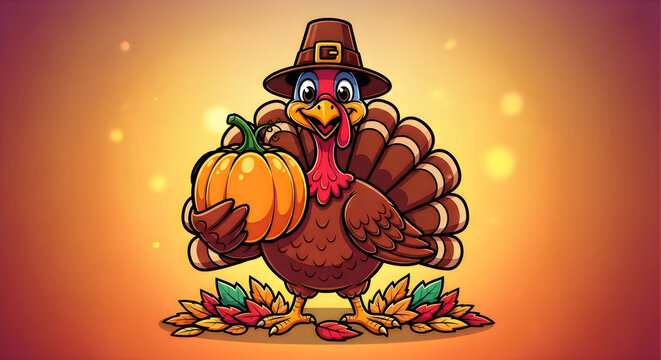 Cartoon turkey in pilgrim hat holding pumpkin. Thanksgiving bird character