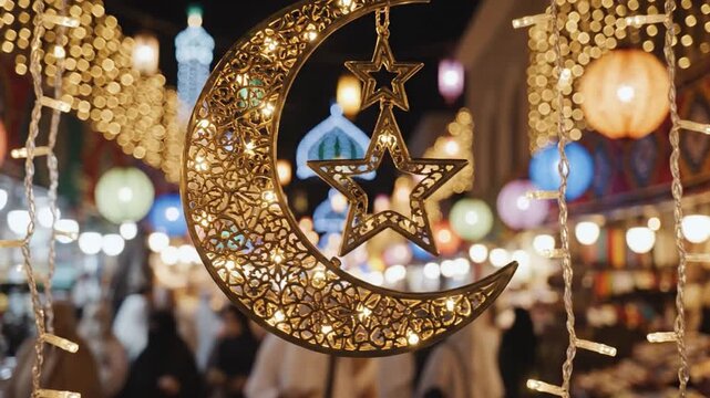 Decorative crescent moon and star ornament glowing amidst festive lights during Eid festivities