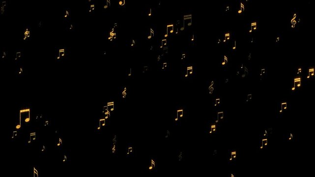 golden musical notes flying isolated alpha channel animation, gold glitter notas music and song stream overlay social media motion design element