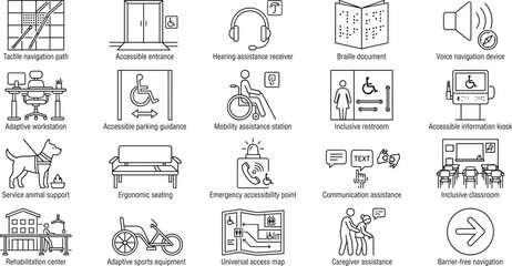 Fototapeta premium Accessibility and Disability Support Icon Set Featuring Universal Access and Inclusive Environment Design Elements