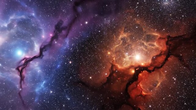 Deep space exploration featuring vibrant purple and orange nebulae with glowing stars and cosmic dust