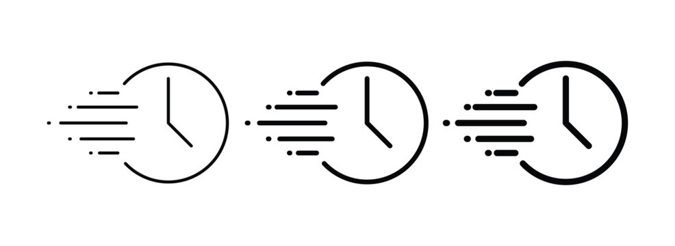 Fast Time and Express Delivery Icon Set.  Speed Clock, Quick time Processing, and Instant Shipping Symbols in Thin, Medium, and Bold Stroke Weights