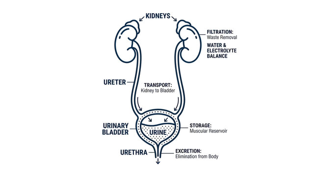Human Urinary System Anatomy Diagram: Kidneys, Bladder, Ureters, Urethra
