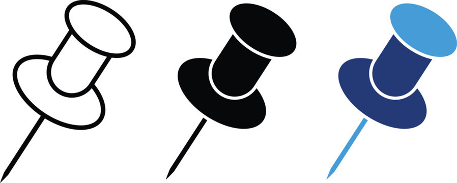 Push Pin Icon Set Outline and Solid styles. Map Location Marker Symbols