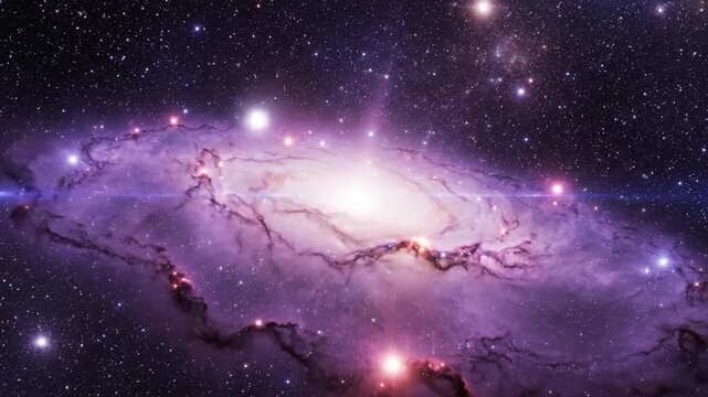 Deep space spiral galaxy with purple nebula dust rotating slowly among distant stars