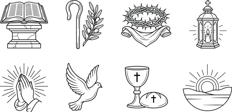 Christian line icon set featuring holy bible praying hands chalice dove and crown of thorns symbols