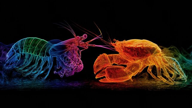 Two bright neon creatures face off in a vibrant duel on a solid black background. The mantis shrimp is rainbow colored while the crab is orange.
