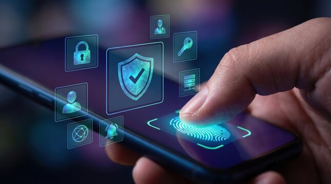 Fingerprint Biometric Verification Smartphone Security Interface with Holographic Cybersecurity Icons, Secure Shield, Digital Identity Protection, Network Privacy, Data Technology Concepts