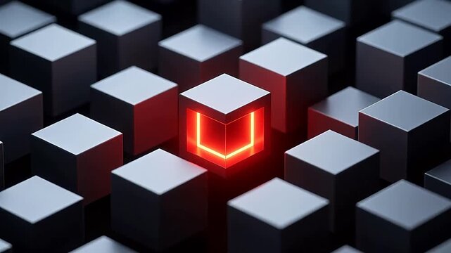 Glowing orange cube in dark geometric space