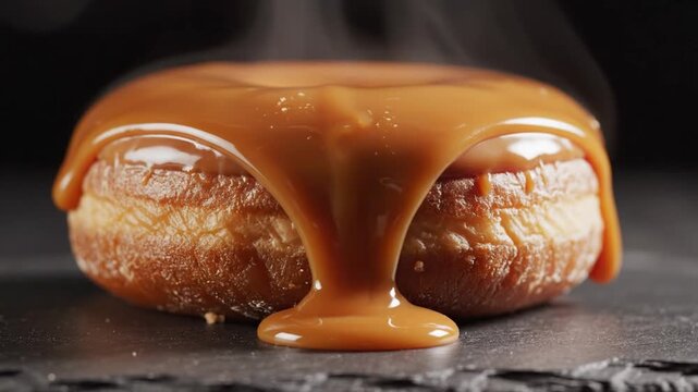Delicious golden caramel dripping down a fresh hot donut against a dark moody background