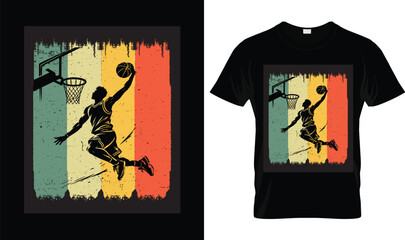 Vintage Dunking Player Basketball T-Shirt with Retro Sunset Basketball Graphic, Classic Sports Basketball T-Shirt Design for Players, Athletes, Coaches & Basketball Fans © Sabbir Design