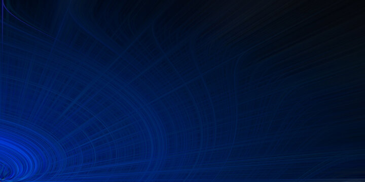 Abstract deep blue digital lines pattern forming radial curve effect on dark background.