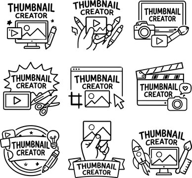 Thumbnail creator badge collection with cameras screens pencils brushes play buttons and editing tools
