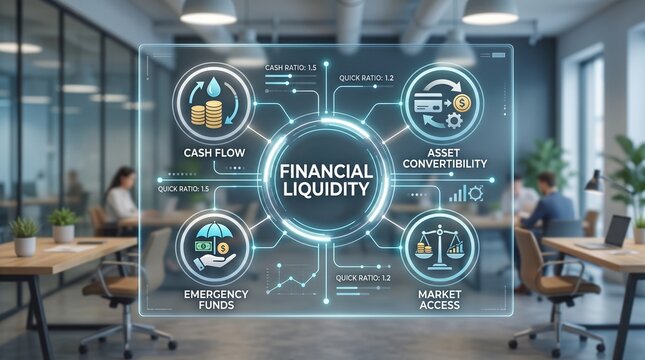 Financial liquidity management dashboard, digital business interface showing cash flow and asset convertibility, corporate office background