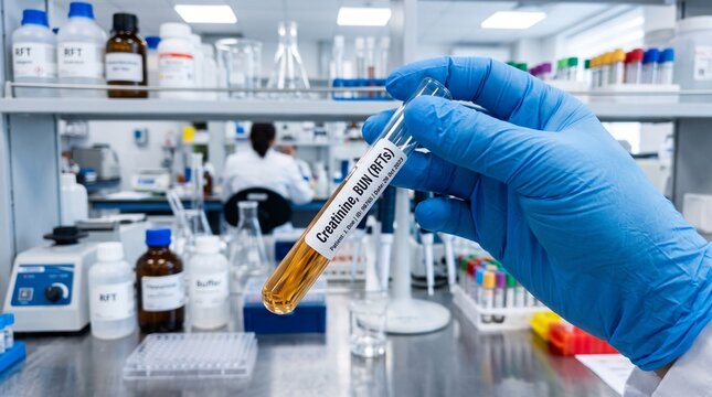 Scientific laboratory technician holding creatinine blood sample, medical research lab with diagnostic equipment, clinical biochemistry testing facility