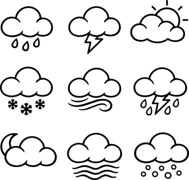 Black outline weather symbol set with rain storm sun snow wind fog moon and hail