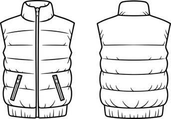 Men's Puffer Vest Front Back Template, Quilted Winter Jacket Technical Vector Apparel Design Illustration © Al