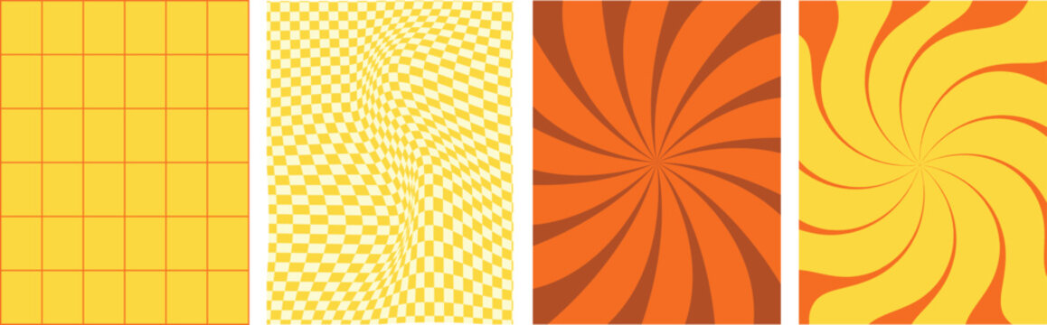 Set of yellow and orange retro grid and wavy background patterns.