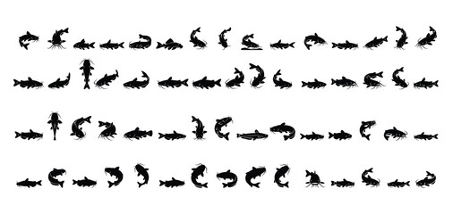 Obraz premium Catfish Silhouette Collection Vector Icons Isolated on White Background