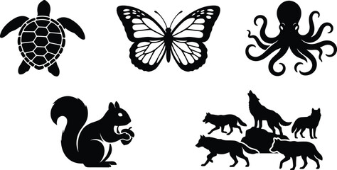 Wild animals and marine life silhouette vector set featuring wolf pack squirrel butterfly octopus and sea turtle © JanokChandra