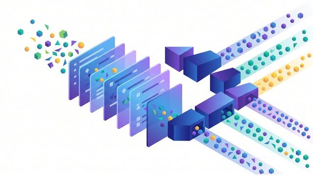 AI logic rules processing engine isometric vector Type illustration illustrating structured data sorting and smart filtering