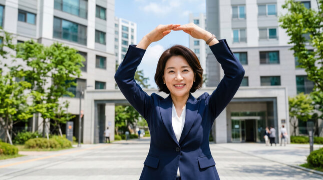 This is a female real estate agent standing in front of an apartment building.