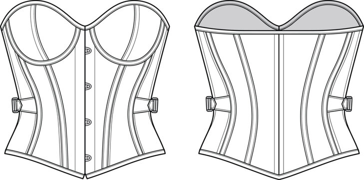 Women bustier corset top fashion technical drawing flat sketch vector template showing front and back view