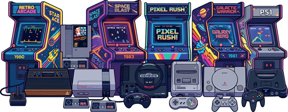 Retro Gaming Console and Arcade Machine Vector Illustration Set Featuring Classic 80s and 90s Video Game Hardware Controllers and Nostalgic Pixel Art Elements